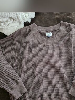 Brown American Eagle Long Sleeve Waffle Knit Top